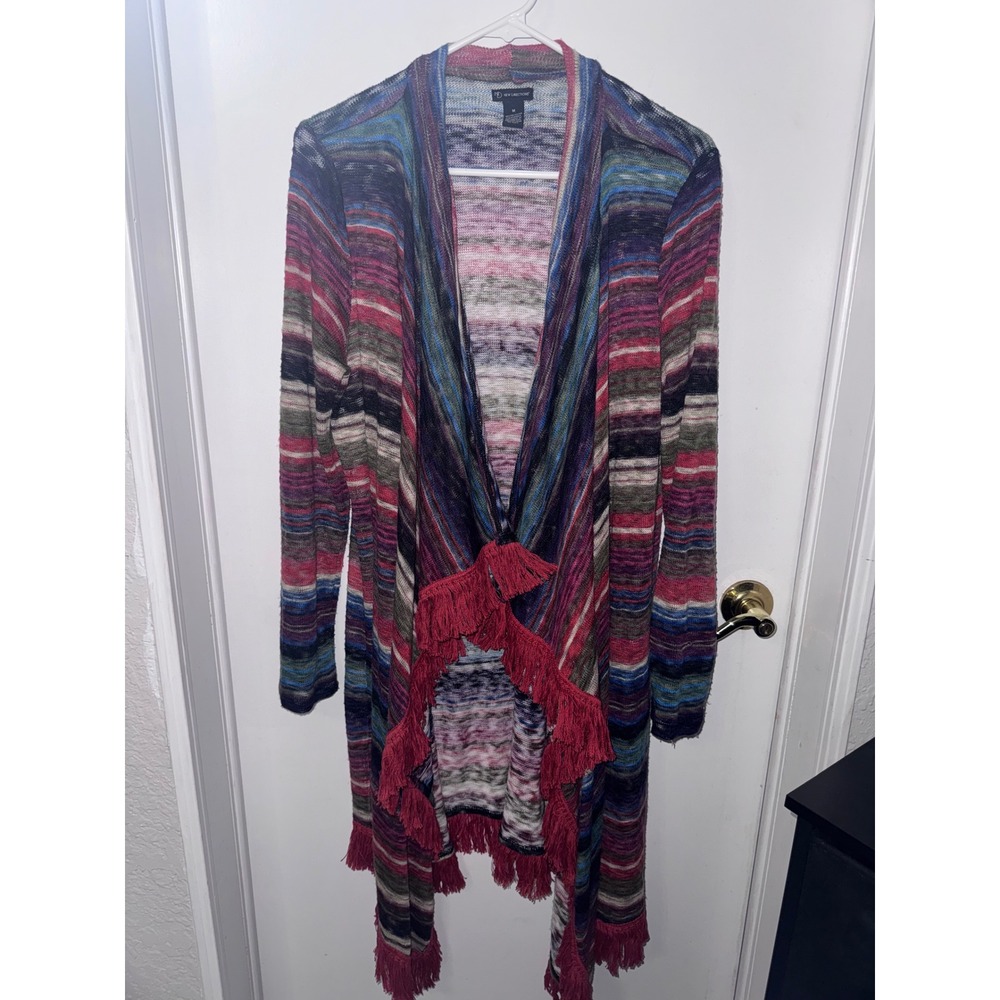 New Directions Multi Color Striped Fringe Open Front Draped Cardigan Medium